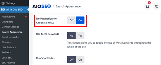 AIOSEO's no pagination for canonical URLs setting