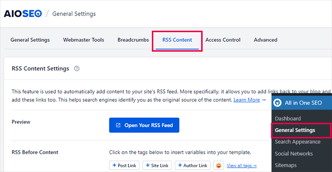 Configurações de conteúdo RSS do All in One SEO