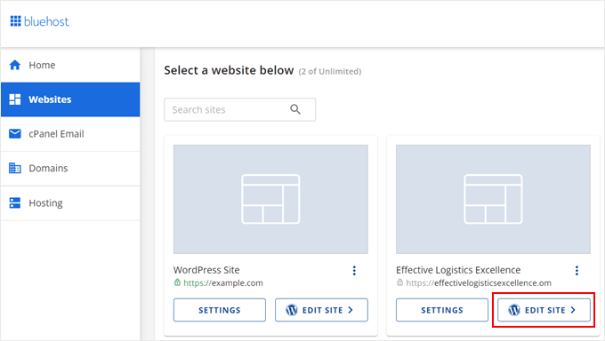 Clicking on the Edit Site button in Bluehost