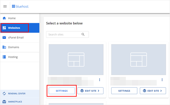 Clicking the Settings button in the Bluehost Websites dashboard