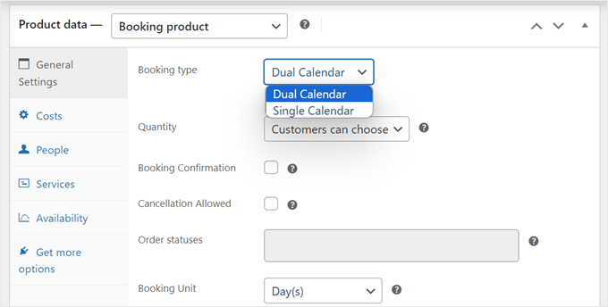 Choosing between the Single Calendar or Dual Calendar booking type