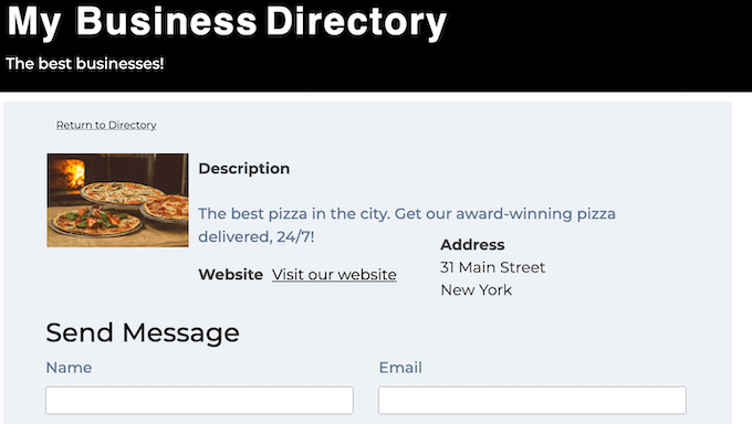 An example of a business directory listing, created using the Business Directory Plugin