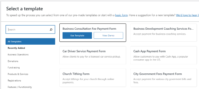 Choose a payment form template