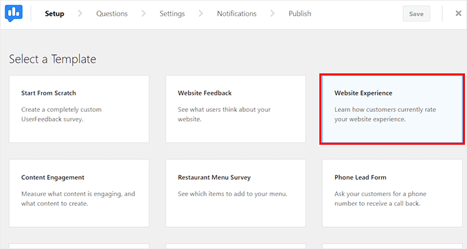 Choose the website experience feedback template