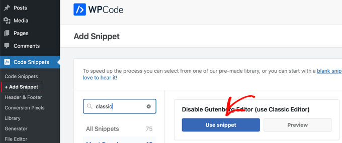 Enabling the Classic Editor With a WPCode Snippet