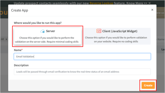Choosing the Server option in the Create App popup in Clearout