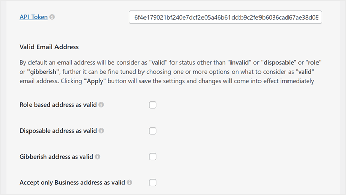 The Valid Email Address settings in the Clearout plugin