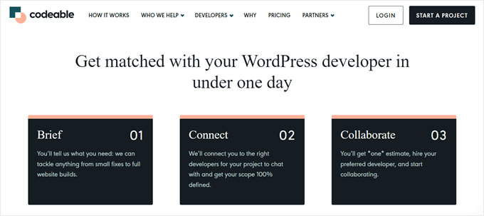 Codeable's process for matching a client with a WordPress developer