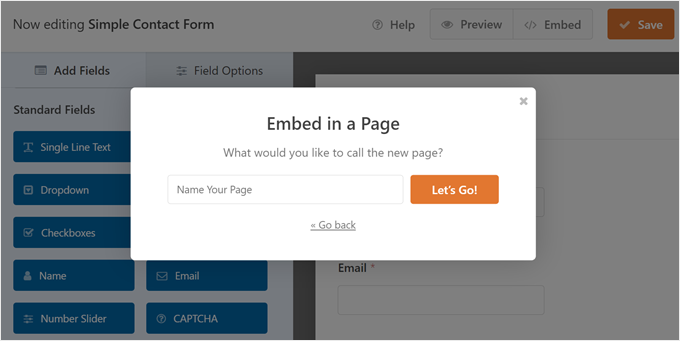 Creating a new page to insert the WPForms form into
