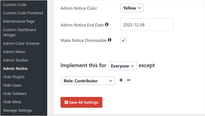 Saving the custom admin notice in WP Custom Admin plugin