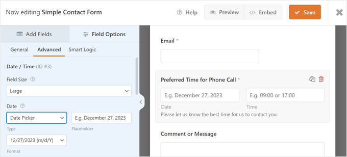 Configuring the date picker's advanced settings in WPForms