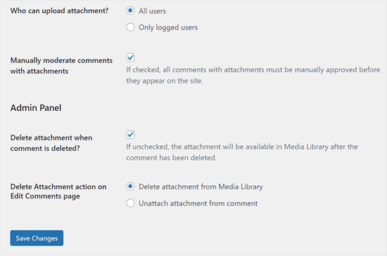 DCO Comments Settings plugin page and Save Changes button