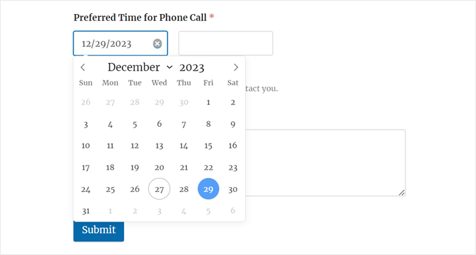 The default Date Time picker calendar in WPForms
