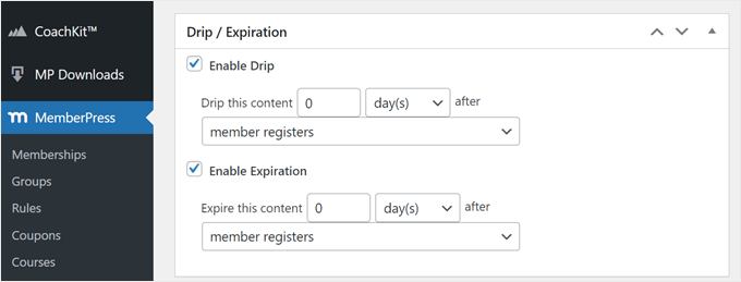 The Drip and Expiration features in MemberPress
