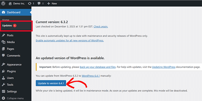 Easily update WordPress