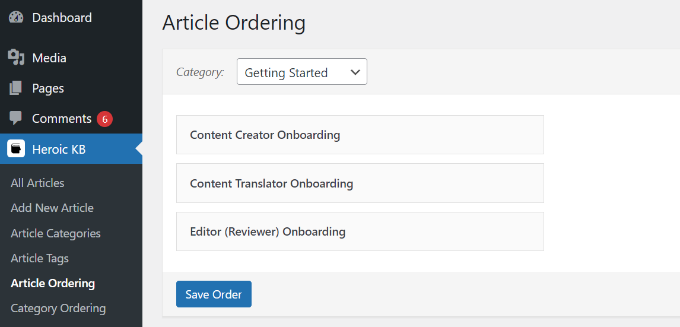 Edit article ordering settings