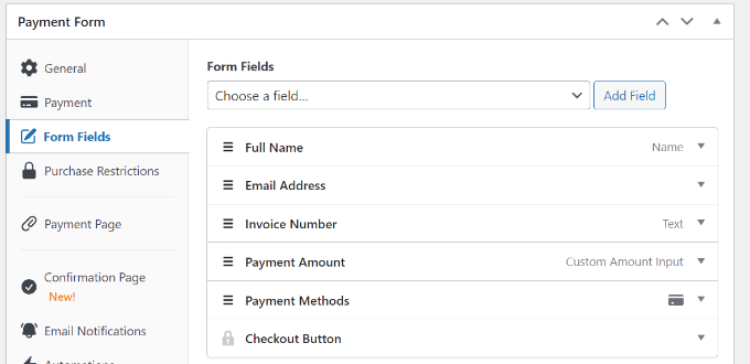 Edit payment form fields