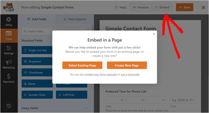 The Embed popup in WPForms