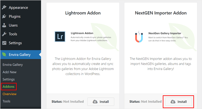 Installing the NextGEN Importer addon in Envira Gallery