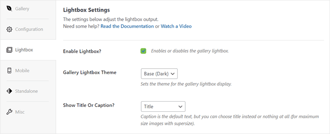 The Lightbox settings of Envira Gallery