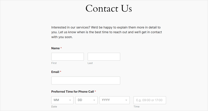 An example of a contact form with a date picker made with WPForms