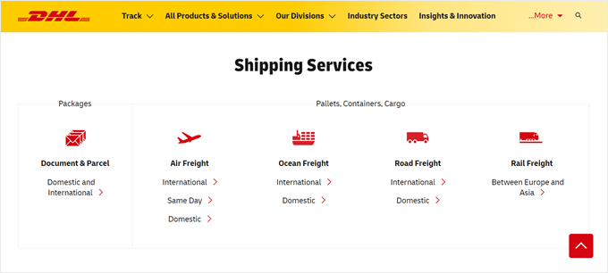 DHL's shipping service section