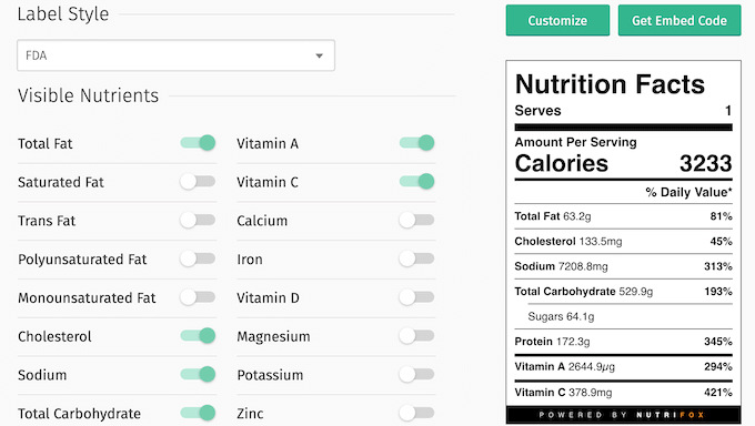 An example of a nutrition label, created using Nutrifox