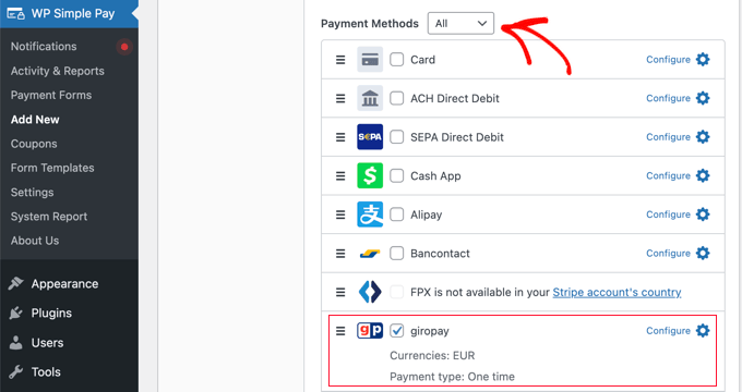 Check the Box for Giropay in WP Simple Pay