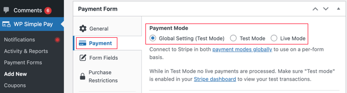 Select a Payment Mode in WP Simple Pay