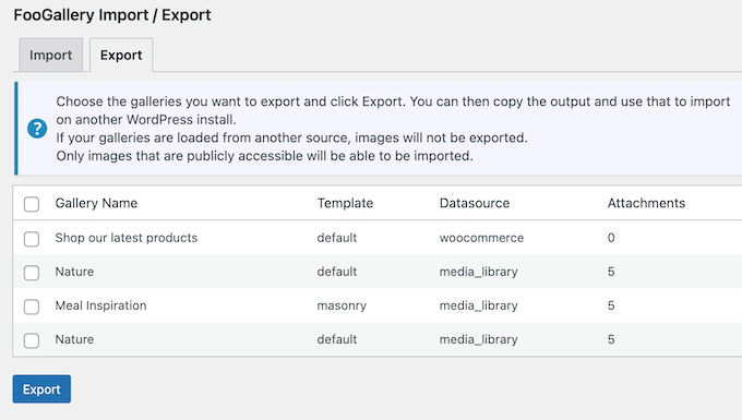 Importing and exporting galleries 