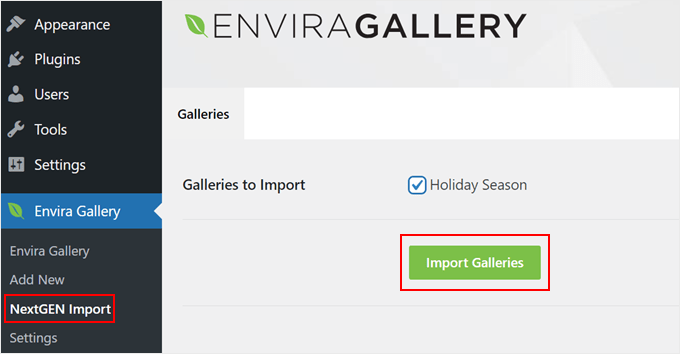 Selecting a NextGEN gallery to import to Envira