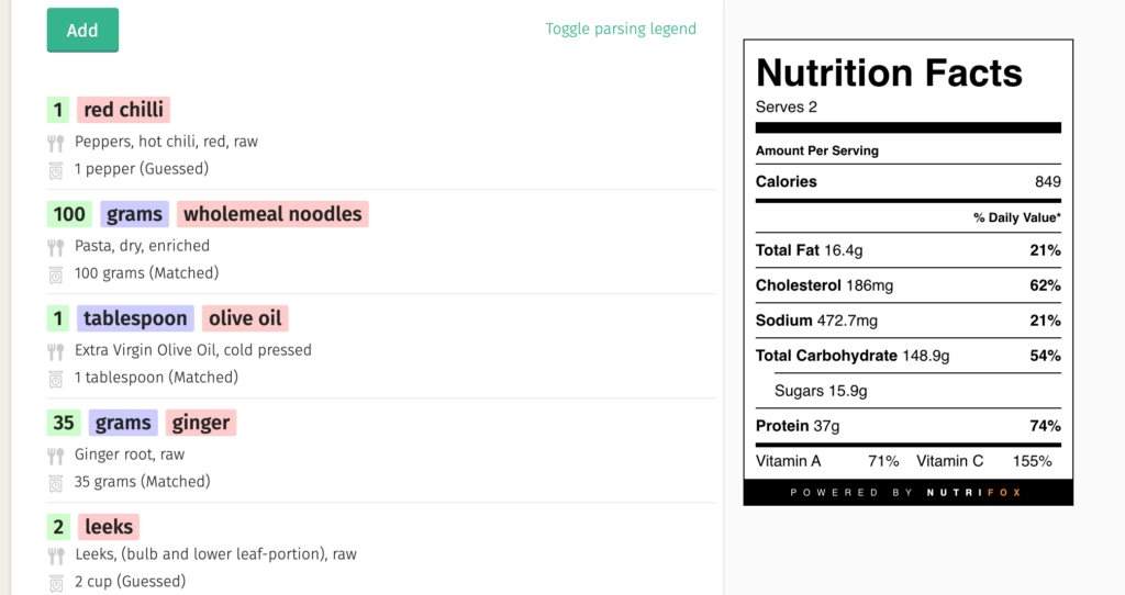 An example of a recipe, created using Nutrifox