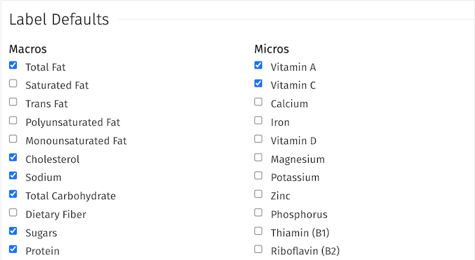 Changing the nutrition label defaults for your WordPress food blog or website