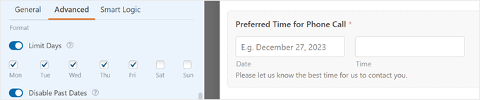 The Limit Days and Disable Past Dates settings for the Date Time field in WPForms