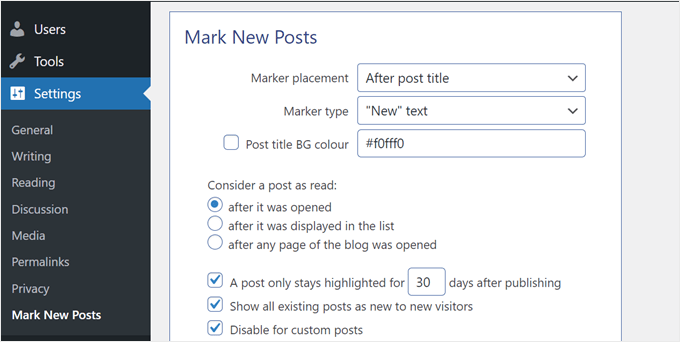 The Mark New Posts plugin settings page