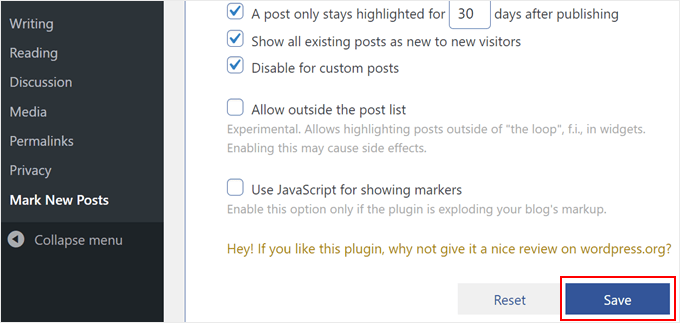 Clicking the Save button in Mark New Posts plugin