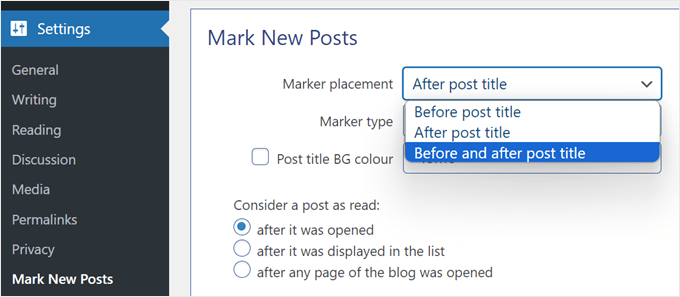 Selecting the new post marker placement in Mark New Posts plugin