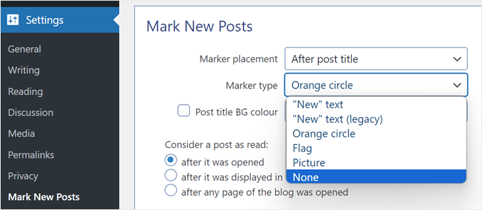Selecting a new post marker type in Mark New Posts plugin