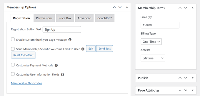 The Membership Options settings when creating a new MemberPress membership plan