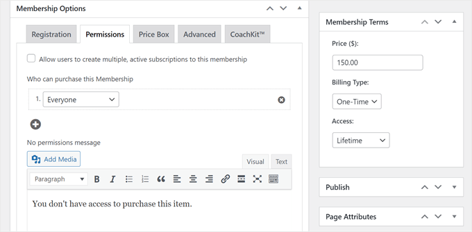 The Permissions settings when creating a new MemberPress membership plan