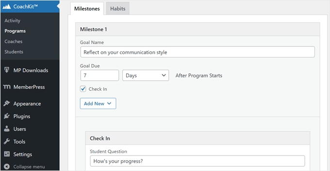 Setting up a coaching program milestone in MemberPress