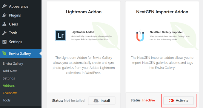 Activating the NextGEN Importer addon in Envira Gallery