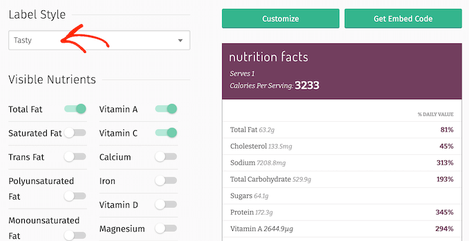 Changing the style of a nutrition label 