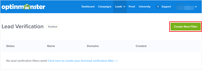 Creating a new Lead Verification filter in OptinMonster