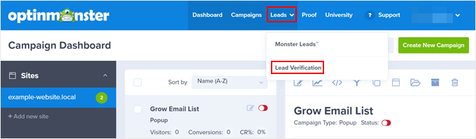 The Lead Verification menu in OptinMonster