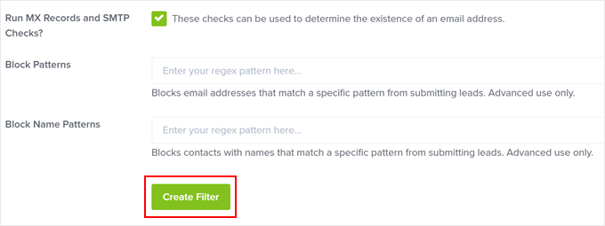 Clicking the Create Filter button in OptinMonster