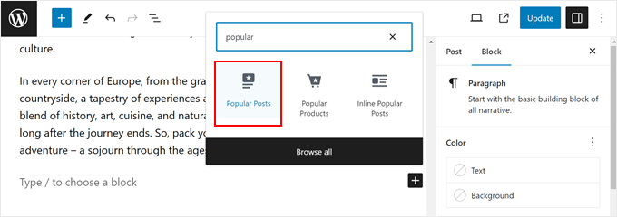 Adding MonsterInsights' popular posts block in the WordPress block editor