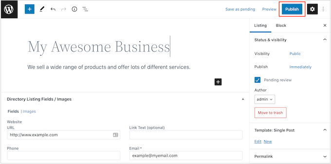 Reviewing a business listing before publishing it in WordPress