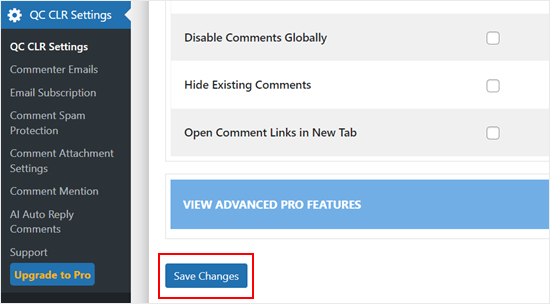 Saving the changes made with the Comment Link Remove plugin