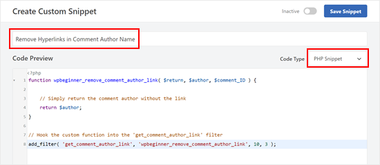 Creating a code snippet in WPCode to remove hyperlinks in existing comment author names